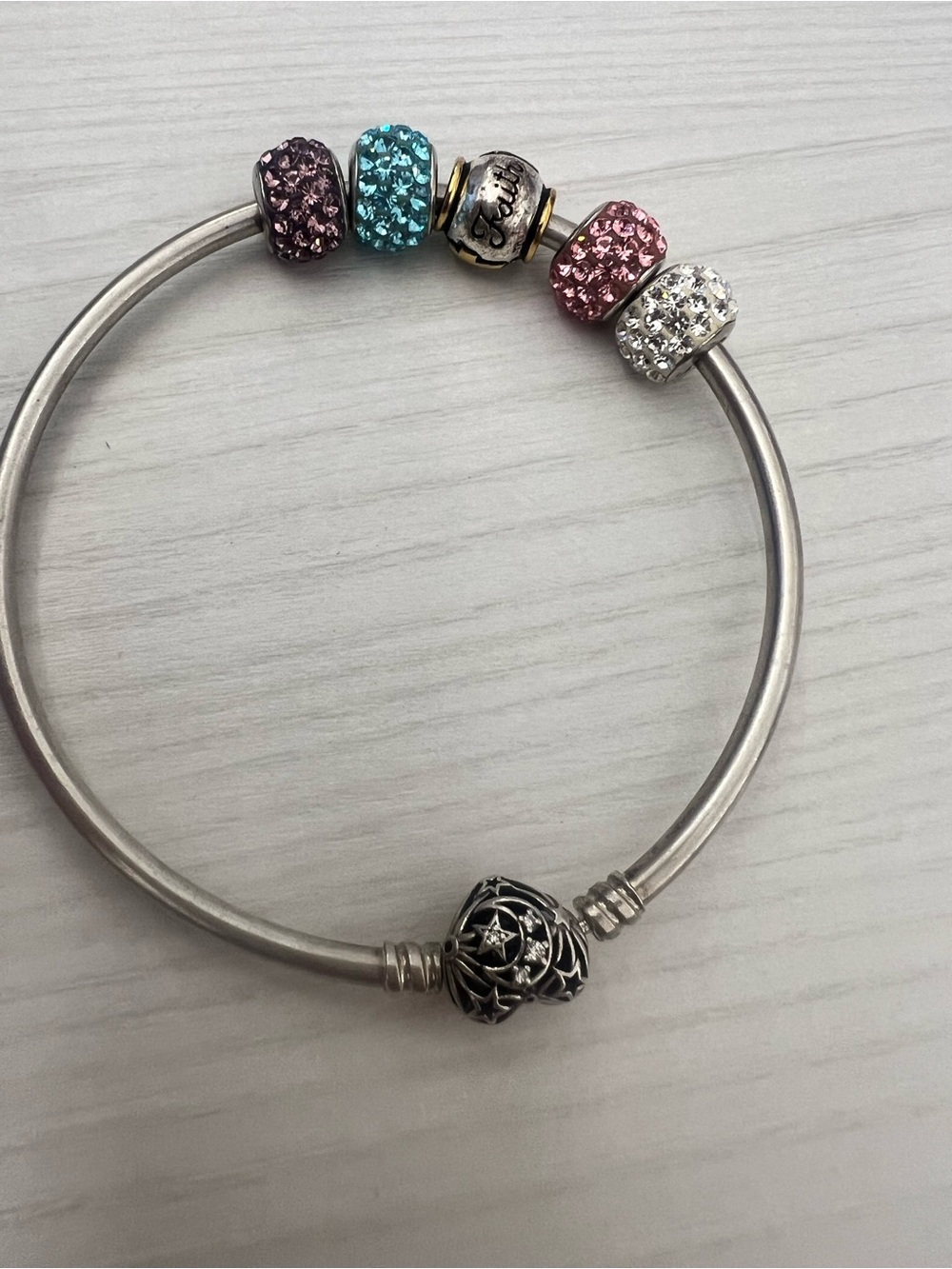 Sterling Silver Charm Bangle Bracelet with Pink, Blue and Clear Rondelles